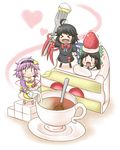  &gt;_&lt; aonagi_ibane asymmetrical_wings black_hair black_legwear bow cake chibi closed_eyes creamer_packet cup eyeball food fork fruit hairband heart highres houjuu_nue in_food komeiji_satori long_hair minigirl multiple_girls purple_hair reiuji_utsuho short_hair spoon strawberry strawberry_shortcake sugar_cube tea teacup thighhighs third_eye touhou wings 