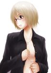  brown_hair dokyuu_afro glasses highres jewelry necklace no_bra open_clothes open_shirt original shirt short_hair solo 