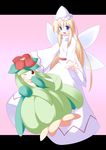  blonde_hair blue_eyes blush crossover dress hat lilligant lily_white long_hair miyo_(miyomiyo01) multiple_girls one_eye_closed pokemon pokemon_(creature) red_eyes touhou wings 