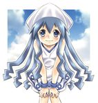  blue_eyes blue_hair dress hat ikamusume komiru leaning_forward long_hair shinryaku!_ikamusume solo tentacle_hair 