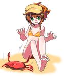  1girl barefoot bikini brown_hair chiba_tsuru crab female flat_chest green_eyes hat loli open_mouth saliva short_hair sitting swimsuit tantei_opera_milky_holmes yuzurizaki_nero 