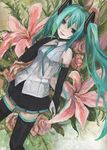  acrylic_paint_(medium) aqua_eyes aqua_hair bad_id bad_pixiv_id bare_shoulders black_legwear elbow_gloves fingerless_gloves floral_background flower gloves hatsune_miku isegawa_yasutaka lily_(flower) long_hair necktie pink_flower pink_rose rose skirt smile solo thighhighs traditional_media twintails very_long_hair vocaloid zettai_ryouiki 