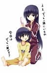  barefoot black_hair gokou_ruri gokou_tamaki hair_brush kneeling long_hair mole multiple_girls open_clothes open_mouth ore_no_imouto_ga_konna_ni_kawaii_wake_ga_nai pajamas siblings simple_background sisters sitting suimii track_suit translated white_background 