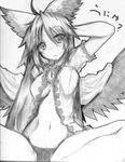  ahoge bow breasts cape emitoshi graphite_(medium) greyscale hair_bow long_hair medium_breasts monochrome navel no_pants open_clothes open_shirt panties reiuji_utsuho shirt sketch solo spread_legs touhou traditional_media underwear unyu wings 