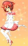  1boy blue_eyes blush child crossdress crossdressing full_body gloves high_heels inazuma_eleven inazuma_eleven_(series) kiyama_hiroto maid maid_headdress male_focus mary_janes nurse open_mouth red_hair shoes short_hair shota simple_background solo star stars thighhighs trap 