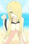  :3 bad_id bad_pixiv_id beach bikini bikini_bottom_removed bikini_lift black_bikini blonde_hair blush bottomless breasts day hair_over_one_breast hair_over_one_eye holding holding_bikini_bottom holding_clothes large_breasts long_hair nipples open_mouth outdoors pokemon pokemon_(game) pokemon_dppt sand shirona_(pokemon) solo swimsuit twintails water yuzuha_(hm-a06) 