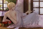  back bad_id bad_pixiv_id bare_back blonde_hair camellia durarara!! flower hadanugi_dousa heiwajima_shizuo highres himochishinai kiseru looking_back lying male_focus off_shoulder on_side pipe robe shirtless solo window yellow_eyes 