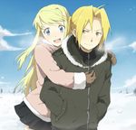  1girl bad_id bad_pixiv_id blonde_hair blue_eyes breath coat couple edward_elric fullmetal_alchemist fur_trim gloves hands_in_pockets hetero hug hug_from_behind long_hair ponytail riru skirt smile snow winry_rockbell winter winter_clothes winter_coat yellow_eyes zipper 