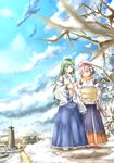  animal_ears bag bare_tree box brown_hair building carrying cloud day detached_sleeves frog geta green_eyes green_hair hair_ornament hat inubashiri_momiji kochiya_sanae long_hair multiple_girls red_eyes sandals scarf scenery short_hair silver_hair skirt snake snow tail tokin_hat touhou tower tree wakudori walking wolf_ears wolf_tail 