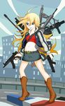  anti-materiel_rifle assault_rifle barrett_m82 blonde_hair blue_eyes boots cartoon g36 gainax grenade_launcher gun h&amp;k_mp5 heckler_&amp;_koch jacket m107 m32 m82 m82a3 machine_gun mg42 mgl milkor_mgl miniskirt mp5 pale_skin panty panty_&amp;_stocking_with_garterbelt panty_(character) panty_(psg) rifle skirt smile smirk sniper_rifle submachine_gun weapon 