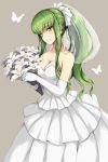  1girl alternate_costume bare_shoulders bead_necklace beads blush bouquet breasts bridal_veil bug butterfly c.c. cleavage closed_mouth code_geass collarbone cowboy_shot dress earrings elbow_gloves flower gloves green_hair grey_background high_ponytail highres holding holding_bouquet insect jewelry layered_dress long_hair looking_at_viewer lucky_keai medium_breasts necklace ring see-through sidelocks simple_background smile solo strapless strapless_dress twitter_username veil very_long_hair wedding_dress wedding_ring white_dress white_flower white_gloves yellow_eyes 