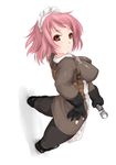  brown_eyes copyright_request from_above gloves gun hand_on_hip impossible_clothes impossible_shirt maid nekohige pantyhose pink_hair shirt short_hair solo weapon 