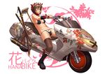  bikini boots breasts brown_hair bucket cameltoe cigarette cleavage copyright_request dcwj eyepatch frilled_bikini frills green_eyes ground_vehicle legs lips maid maid_headdress medium_breasts motor_vehicle motorcycle navel riding short_hair skindentation solo swimsuit sword thighhighs weapon 