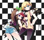  aqua_eyes ass bare_shoulders baseball_cap blonde_hair blue_eyes breasts brown_hair cable checkered checkered_background cleavage gen_5_pokemon gym_leader hat headphones highres kamitsure_(pokemon) long_hair medium_breasts multiple_girls nasudora oshawott pantyhose pokemon pokemon_(creature) pokemon_(game) pokemon_bw ponytail shorts small_breasts snivy tepig touko_(pokemon) 