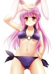  animal_ears bad_id bad_pixiv_id bikini blush breasts bunny_ears cleavage frilled_bikini frills hand_on_hip light_smile long_hair medium_breasts midriff navel o-ring o-ring_bikini o-ring_top purple_bikini purple_hair red_eyes reisen_udongein_inaba shiny shiny_skin shiramori_yuse side-tie_bikini solo swimsuit touhou 