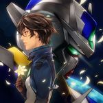  1boy brown_eyes brown_hair celestial_being_uniform flower gundam gundam_00 gundam_00_a_wakening_of_the_trailblazer highres male_focus mecha petals setsuna_f_seiei solo tamachi_kuwa 