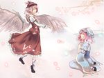  anikori animal_ears blush dress ghost hat japanese_clothes long_hair multiple_girls music mystia_lorelei pink_hair saigyouji_yuyuko short_hair singing touhou wings 