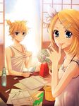  1girl :p blonde_hair blue_eyes bow brother_and_sister casual electric_fan food fruit hair_bow hair_ornament hair_ribbon hairclip hima_(ab_gata) kagamine_len kagamine_rin ponytail ribbon short_hair short_ponytail siblings side_ponytail sitting sleeveless smile summer tongue tongue_out twins vocaloid watermelon 