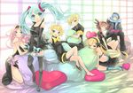  5girls alternate_costume bad_id bad_pixiv_id barefoot blue_scarf boots bow bunny detached_sleeves dress hatsune_miku highres kagamine_len kagamine_rin kaito lily_(vocaloid) megurine_luka meiko multiple_boys multiple_girls necktie one_eye_closed open_mouth sakurai_unan scarf sitting skirt smile thigh_boots thighhighs twintails vocaloid 