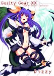  absurdres asymmetrical_wings bad_id bad_pixiv_id blue_hair blush bow breasts choker dizzy guilty_gear hair_bow highres long_hair medium_breasts midriff navel notice_(kou) red_eyes ribbon solo tail tail_ribbon thighhighs twintails underboob wings 