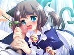  1boy 1girl animal_ears bell blue_eyes brown_hair cat_ears cat_tail censored fang game_cg handjob jingle_bell lick licking maid maid_dress maid_headdress penis tail tongue twintails zettai_maou 