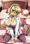  absurdres areolae bed bed_sheet black_legwear blonde_hair breasts cleavage freezing garter_belt glasses hairband highres kneeling large_breasts long_hair magazine_scan megami moriyama_yuji navel no_bra non-web_source official_art open_clothes open_shirt panties pillow satellizer_el_bridget scan shirt solo stuffed_animal stuffed_toy thighhighs thighs underwear v_arms 