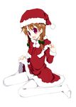  bow braid christmas copyright_request dress dress_lift full_body hair_bow legs meito_(maze) pantyhose red_eyes santa_costume sitting solo 