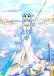  aria blue_eyes blue_hair boat bracelet dress hand_on_hip hat ikamusume jewelry long_hair luna_rune oar open_mouth parody shinryaku!_ikamusume side_slit solo tentacle_hair water watercraft 