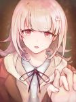  1girl akira_(aky-la) bangs brown_jacket commentary_request danganronpa danganronpa_3 eyebrows_visible_through_hair face flipped_hair hair_ornament hairclip hand_holding highres jacket looking_at_viewer nanami_chiaki pink_eyes pink_hair red_neckwear red_ribbon ribbon shirt short_hair simple_background solo_focus tears white_shirt 