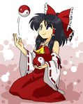  ascot black_hair blue_eyes bow detached_sleeves hair_bow hakurei_reimu hanjuku_tomato juggling no_nose ponytail seiza sitting smile solo touhou yin_yang 