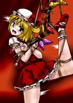  arms_behind_back bdsm blonde_hair bondage bound bound_wings box_tie flandre_scarlet hat leg_lift lilish ponytail red_eyes rope short_hair side_ponytail solo tears touhou wings 