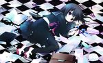  bag black_hair blush book checkered checkered_floor highres hiiragi_ryou lying on_side original pantyhose paper purple_eyes sakurazawa_izumi school_bag school_uniform serafuku shoes short_hair solo tears uwabaki wallpaper 