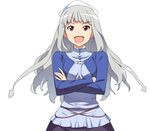  a1 cosplay crossed_arms hat idolmaster idolmaster_(classic) ikamusume ikamusume_(cosplay) laughing long_hair open_mouth parody purple_eyes shijou_takane shinryaku!_ikamusume silver_hair simple_background solo tentacle_hair tentacles very_long_hair 