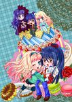  1girl bad_id bad_pixiv_id blonde_hair blue_hair brown_eyes cake chibi flower food hairband long_hair macaron macross macross_frontier macross_frontier:_itsuwari_no_utahime necktie one_eye_closed ponytail saotome_alto sheryl_nome tamari_(flawless) thighhighs 