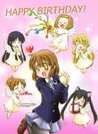  6+girls absurdres akiyama_mio angel animal_ears brown_eyes brown_hair cake cat_ears chibi food gift happy_birthday heart highres hirasawa_ui hirasawa_yui hoshikawa_tsukimi k-on! kotobuki_tsumugi multiple_girls nakano_azusa pantyhose party_popper school_uniform tainaka_ritsu 