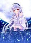  afilia_(kiyomin) bare_shoulders black_legwear blush hairband highres kiyomin kneehighs long_hair moon open_mouth original petals red_eyes sitting solo sweater 