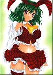  animal_ears ascot blouse bunny_ears bustier curvy fake_animal_ears green_hair hand_on_own_chest kazami_yuuka leg_garter long_hair marker_(medium) midriff open_clothes open_shirt panties pastel_(medium) plaid plaid_panties plaid_skirt red_eyes shirt short_hair skirt solo touhou traditional_media underwear yadokari_genpachirou 