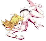  ahoge barefoot blonde_hair blue_eyes bracelet breasts cleavage earring earrings female jewelry licking long_hair lowres lying navel panty_&amp;_stocking_with_garterbelt panty_(character) panty_(psg) shorts simple_background smile solo suguru_(godai_fifth) white_background 