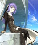  black_dress black_legwear cloud day dress fractale hidari_(left_side) long_hair nun official_art outdoors pantyhose phryne purple_eyes purple_hair sitting sky smile solo 