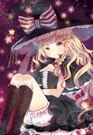 alternate_costume blonde_hair bloomers boots bow braid capelet cross-laced_footwear domotolain hand_on_headwear hat kirisame_marisa lace-up_boots long_hair ribbon sitting smile solo star touhou underwear witch_hat yellow_eyes 