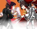  ascot battle bow brown_hair commentary_request detached_sleeves dual_persona fighting_stance hakurei_reimu headphones long_hair multiple_girls niconico ribbon tamuhi touhou 