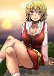  animal_print bad_id bad_pixiv_id blonde_hair breasts brown_eyes cleavage crossed_legs highres large_breasts maita sitting solo tiger_print toramaru_shou touhou 