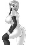 ass breasts curvy greyscale highres iruma_kamiri large_breasts monochrome mouth_hold nipples panties short_hair solo thighhighs underwear undressing 