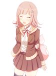  1girl :d animal_ears azami194 backpack bag black_legwear blush breasts brown_jacket brown_skirt cat_bag commentary_request danganronpa danganronpa_3 dot_nose flipped_hair hair_ornament hairclip jacket large_breasts light_brown_hair long_sleeves nanami_chiaki open_clothes open_jacket open_mouth pink_bag red_neckwear red_ribbon ribbon school_uniform shirt short_hair simple_background skirt smile solo thighhighs white_background white_shirt 