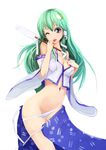  breasts candy cleavage detached_sleeves food frog green_eyes green_hair hair_ornament kochiya_sanae lollipop long_hair medium_breasts midriff navel no_bra open_clothes open_skirt panties panty_pull pulling skirt snake solo touhou underwear uppun_gatamaru_yume 