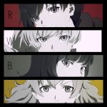  4girls blake_belladonna eyebrows_behind_hair eyelashes greyscale hair_over_eyes monochrome multiple_girls roru_(lol_dessin) ruby_rose rwby scar scar_across_eye smile weiss_schnee yang_xiao_long 