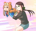  2girls :/ :o abekawa abstract_background aiming animal_hood arms_at_sides bangs black_hair black_shirt blunt_bangs blush brown_eyes carrying carrying_another_like_a_gun commentary_request dot_nose green_eyes hair_ornament hair_scrunchie hood hood_up ichihara_nina idolmaster idolmaster_cinderella_girls light_brown_hair long_sleeves low_ponytail lying miniskirt multiple_girls neckerchief on_stomach one_knee pants pants_under_skirt pink_background pleated_skirt ponytail scrunchie shirt short_eyebrows sidelocks skirt sleeves_past_elbows striped striped_neckwear t-shirt vest yamato_aki 