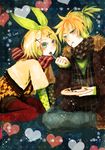  1girl :t argyle bad_id bad_pixiv_id boots brother_and_sister feeding flower food heart kagamine_len kagamine_rin miyake_achi pantyhose patterned polka_dot red_legwear scarf siblings striped twins vertical_stripes vocaloid 