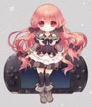  bare_shoulders black_legwear boots hair_ribbon handheld_game_console long_hair original pink_hair playstation_portable red_eyes ribbon skirt solo thighhighs yamiko zettai_ryouiki 