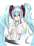  aqua_hair bare_shoulders blue_eyes breasts center_opening elbow_gloves gloves hatsune_miku hatsune_miku_(append) light_smile long_hair mechanical_parts medium_breasts necktie pupps simple_background solo twintails upper_body very_long_hair vocaloid vocaloid_append white_background 